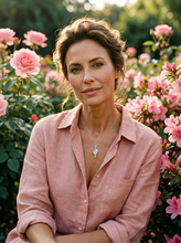 Mujer luciendo collar de plata modelo Sendero con zirconias rosas y blancas en entorno natural - Sejem Joyas